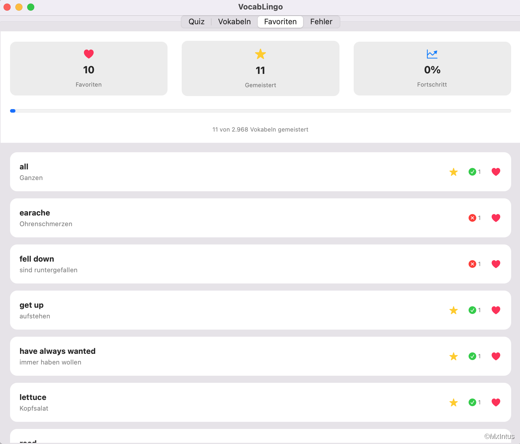 VocabLingo Favorites screen